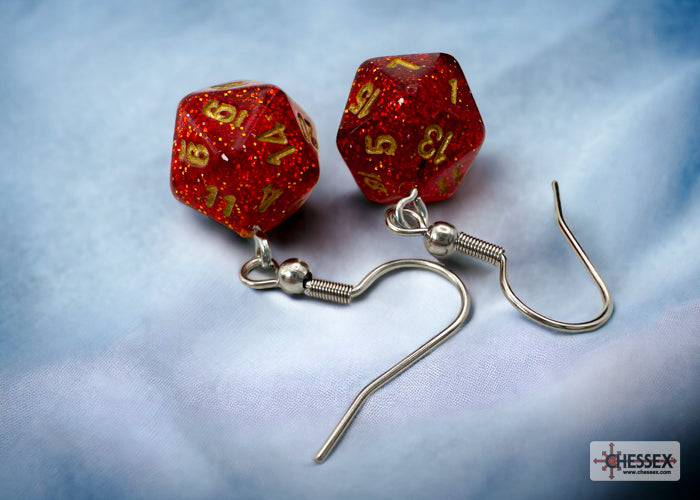 Hook Earrings Glitter Ruby Mini-Poly d20 Pair