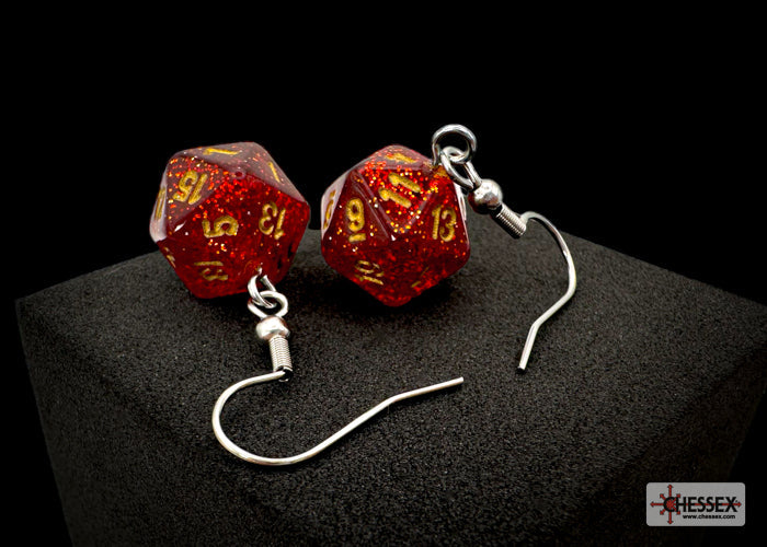 Hook Earrings Glitter Ruby Mini-Poly d20 Pair