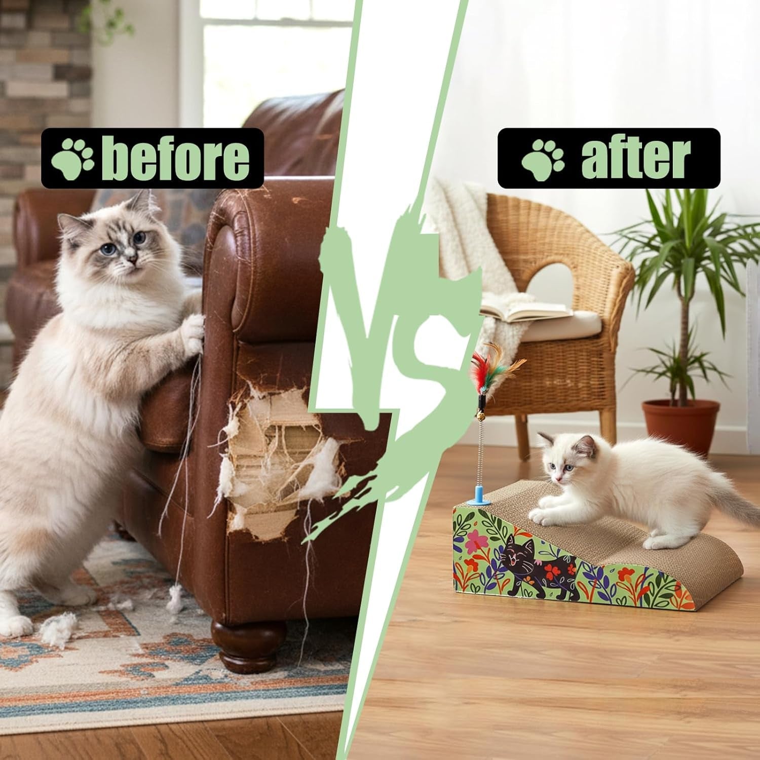 2 in 1 Cat Scratcher Lounge Cardboard Pad with Detachable Toys