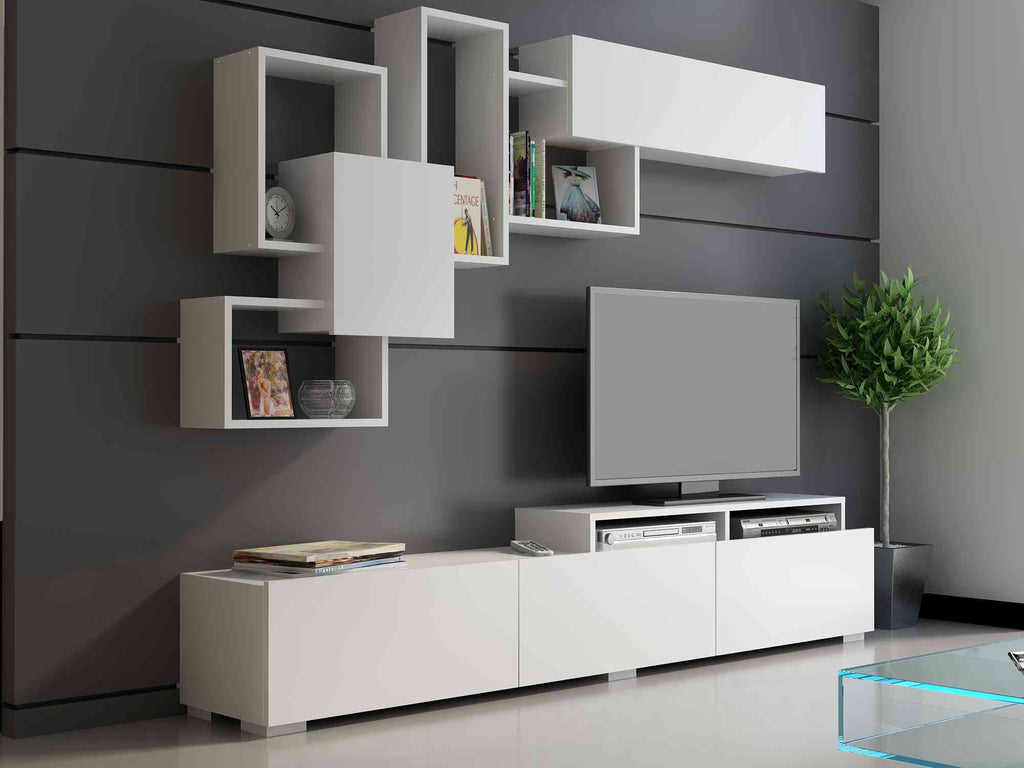 Amor TV Stand Entertainment Center  with Wall Shelf and Cubbies for up to 85'' TVs