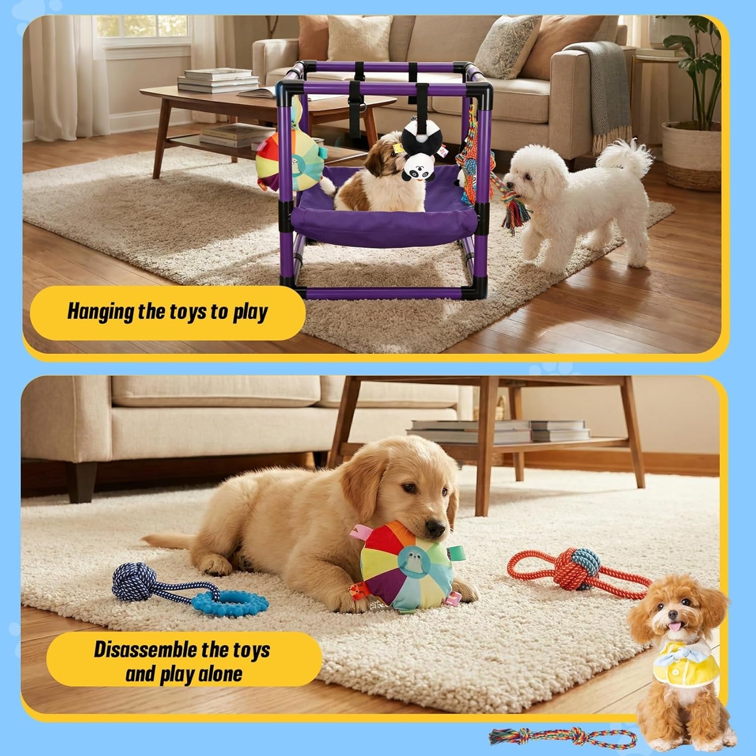 Indoor Puppy Play Gym with Hammock 8 Toys Dog Enrichment Activity Center