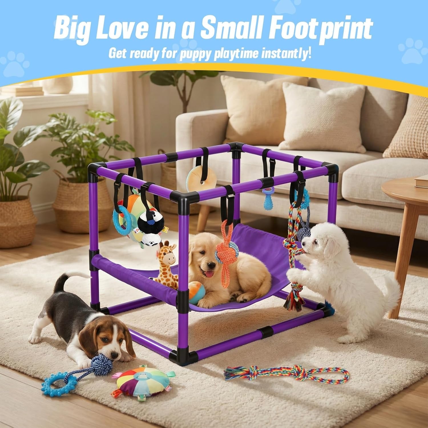 Indoor Puppy Play Gym with Hammock 8 Toys Dog Enrichment Activity Center