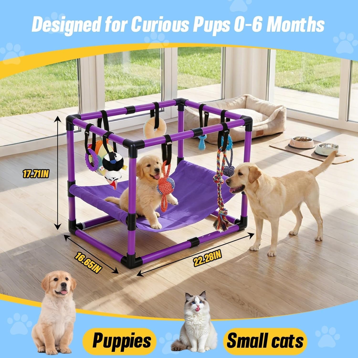 Indoor Puppy Play Gym with Hammock 8 Toys Dog Enrichment Activity Center