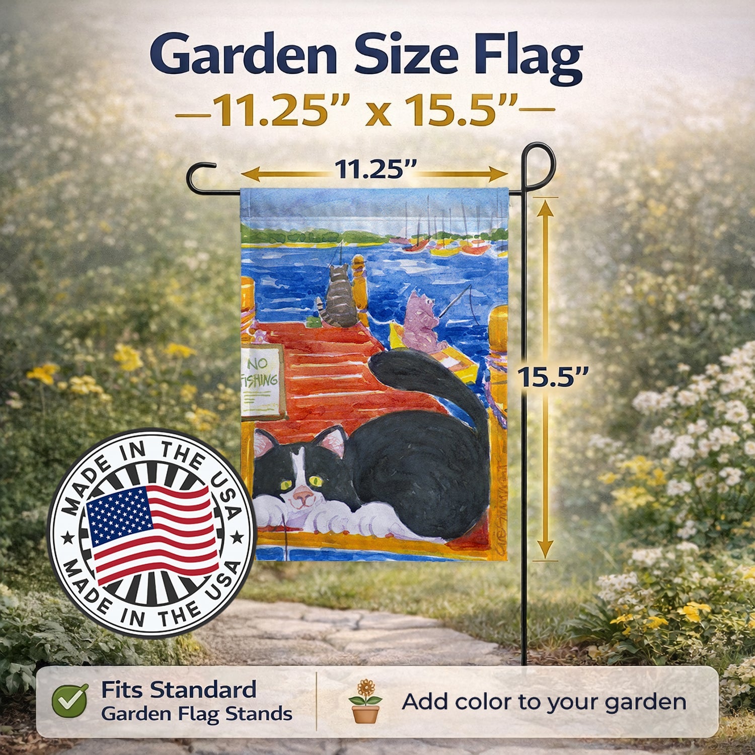Cat Fishing from the dock Garden Flag Mailbox Decorative Yard Banner Outside Patio Artwork for Flower Beds, Garden Size, Multicolor