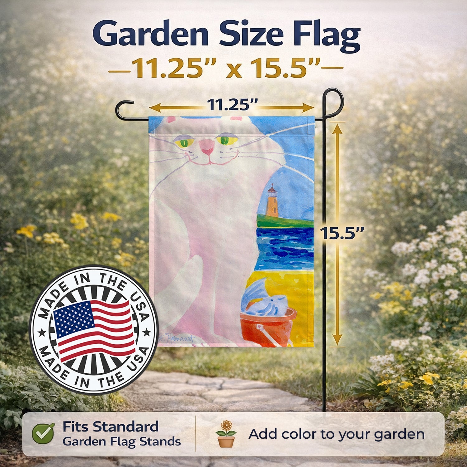 Big white Cat at the beach Garden Flag Mailbox Decorative Yard Banner Outside Patio Artwork for Flower Beds, Garden Size, Multicolor
