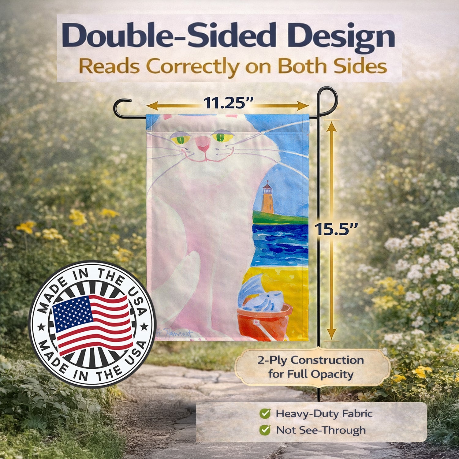 Big white Cat at the beach Garden Flag Mailbox Decorative Yard Banner Outside Patio Artwork for Flower Beds, Garden Size, Multicolor