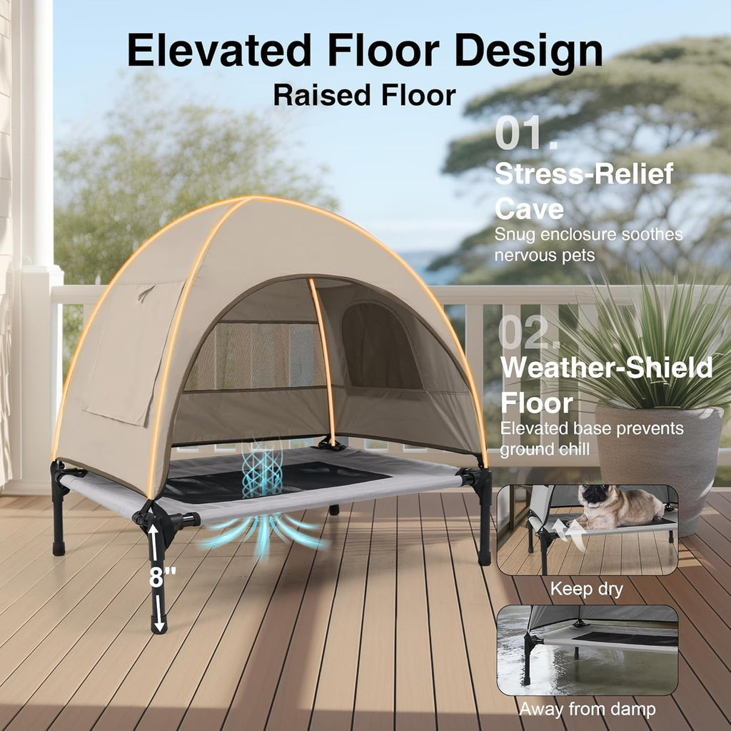 Elevated Outdoor Dog Bed with Canopy Cooling Pet Cot Camping Tent