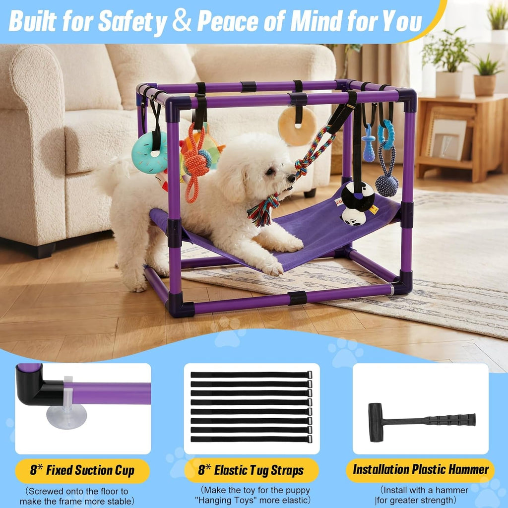 Indoor Puppy Play Gym with Hammock 8 Toys Dog Enrichment Activity Center