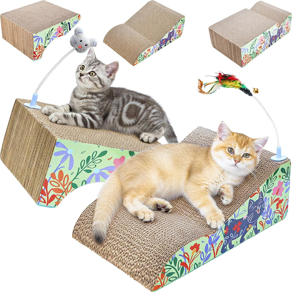 2 in 1 Cat Scratcher Lounge Cardboard Pad with Detachable Toys