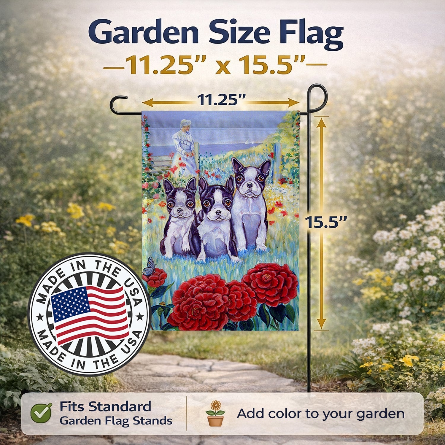 Boston Terrier Trio Garden Flag Mailbox Decorative Yard Banner Outside Patio Artwork for Flower Beds, Garden Size, Multicolor