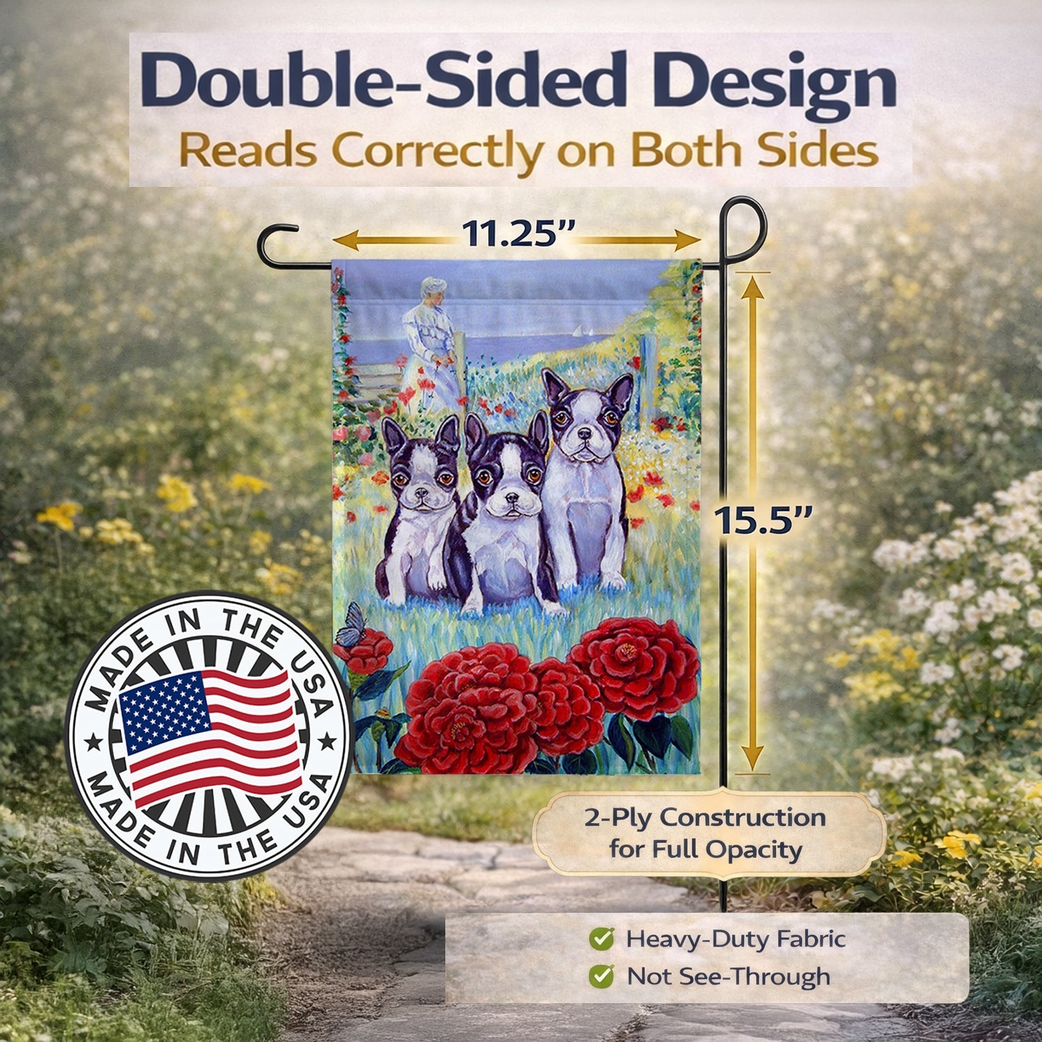 Boston Terrier Trio Garden Flag Mailbox Decorative Yard Banner Outside Patio Artwork for Flower Beds, Garden Size, Multicolor