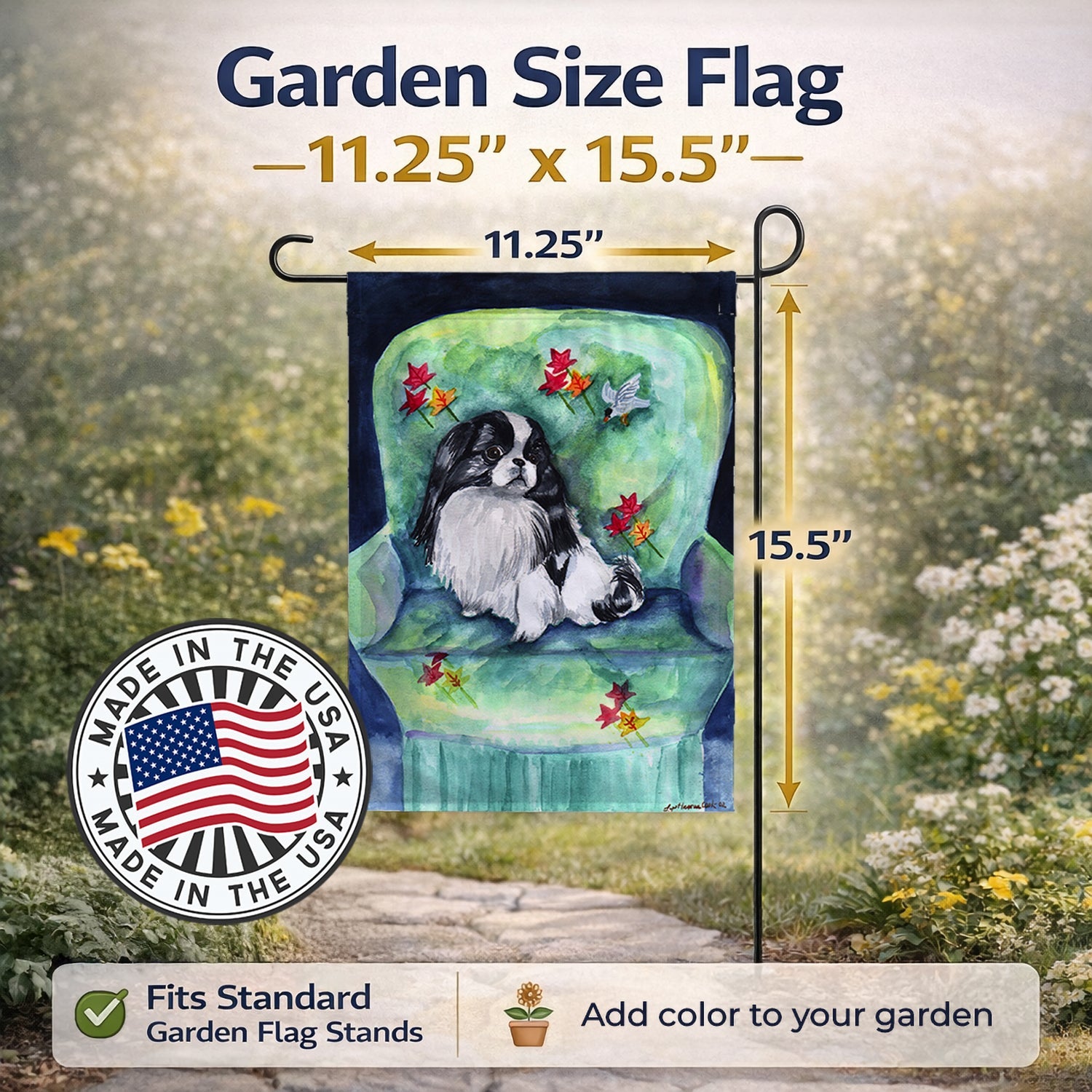 Japanese Chin in Momma's Chair Garden Flag Mailbox Decorative Yard Banner Outside Patio Artwork for Flower Beds, Garden Size, Multicolor