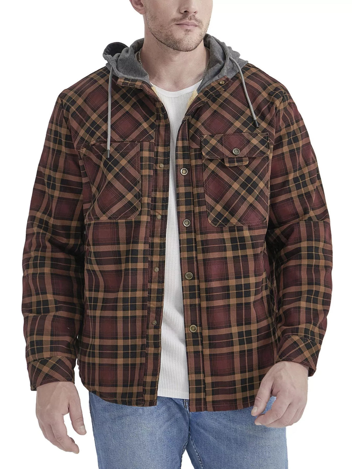 Men's Snap Down Hooded Plaid Shacket