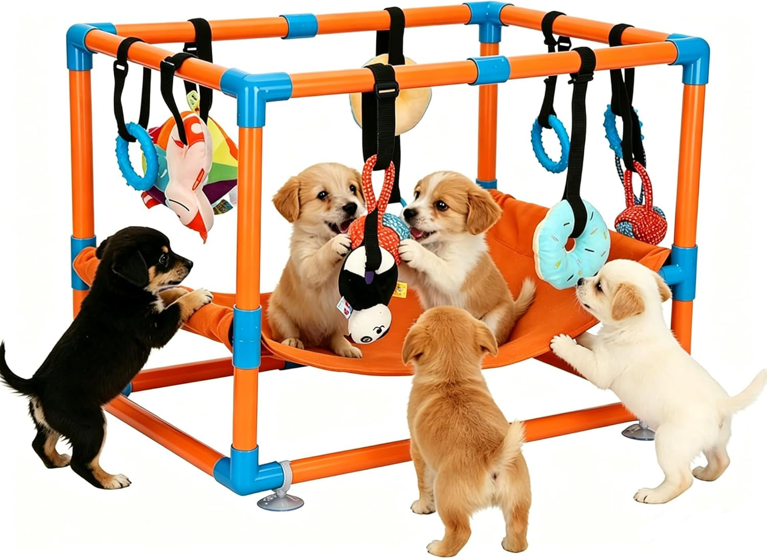 Indoor Puppy Play Gym with Hammock 8 Toys Dog Enrichment Activity Center