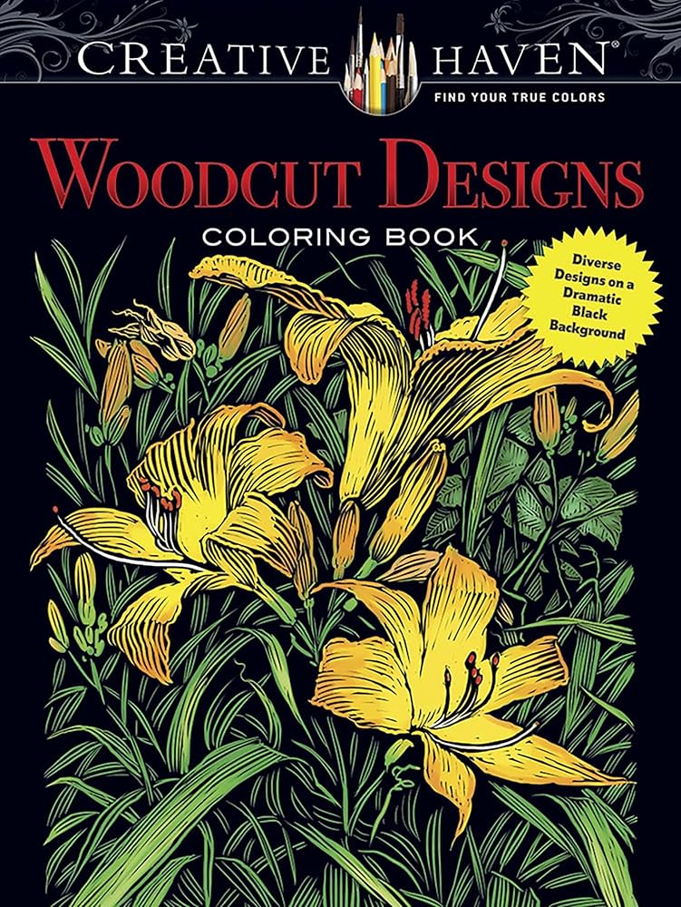Creative Haven Woodcut Designs Coloring Book: Diverse Designs on a Dramatic Black Background (Adult Coloring Books: Art & Design)