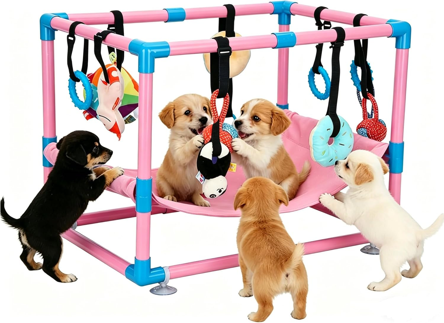 Indoor Puppy Play Gym with Hammock 8 Toys Dog Enrichment Activity Center