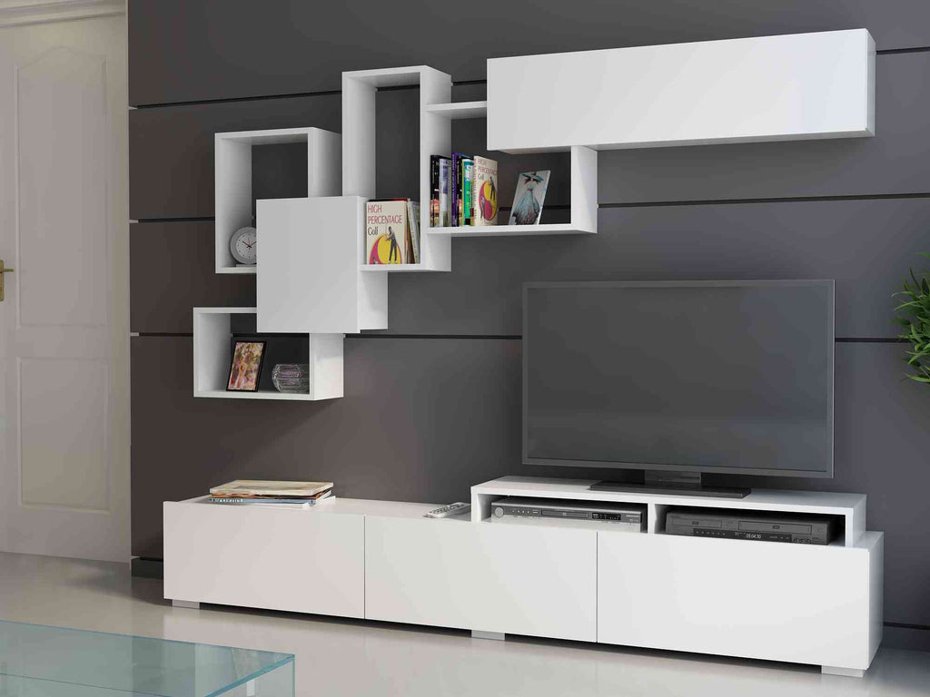 Amor TV Stand Entertainment Center  with Wall Shelf and Cubbies for up to 85'' TVs