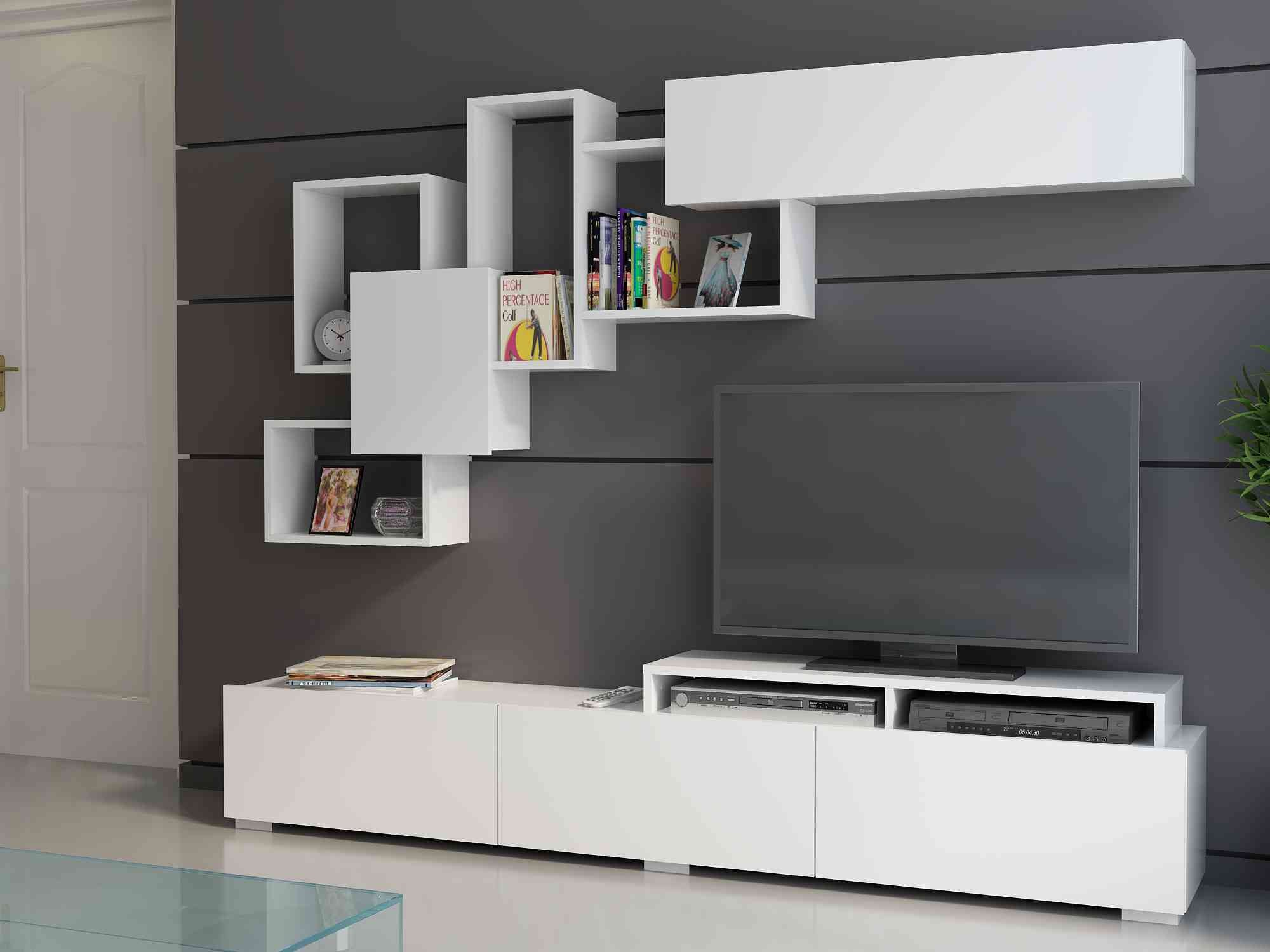 Amor TV Stand Entertainment Center  with Wall Shelf and Cubbies for up to 85'' TVs