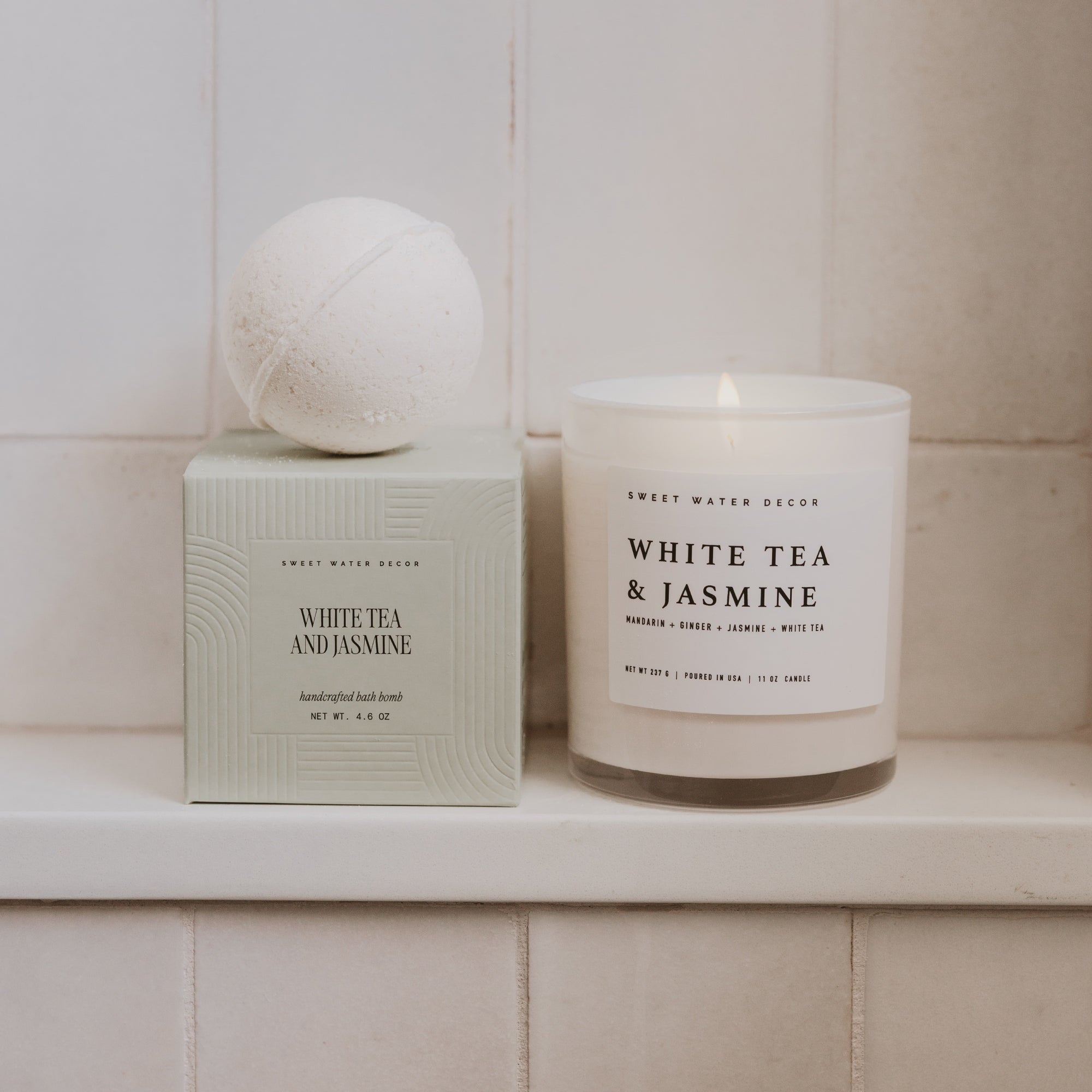 White Tea and Jasmine Soy Candle - White Jar - 11 oz