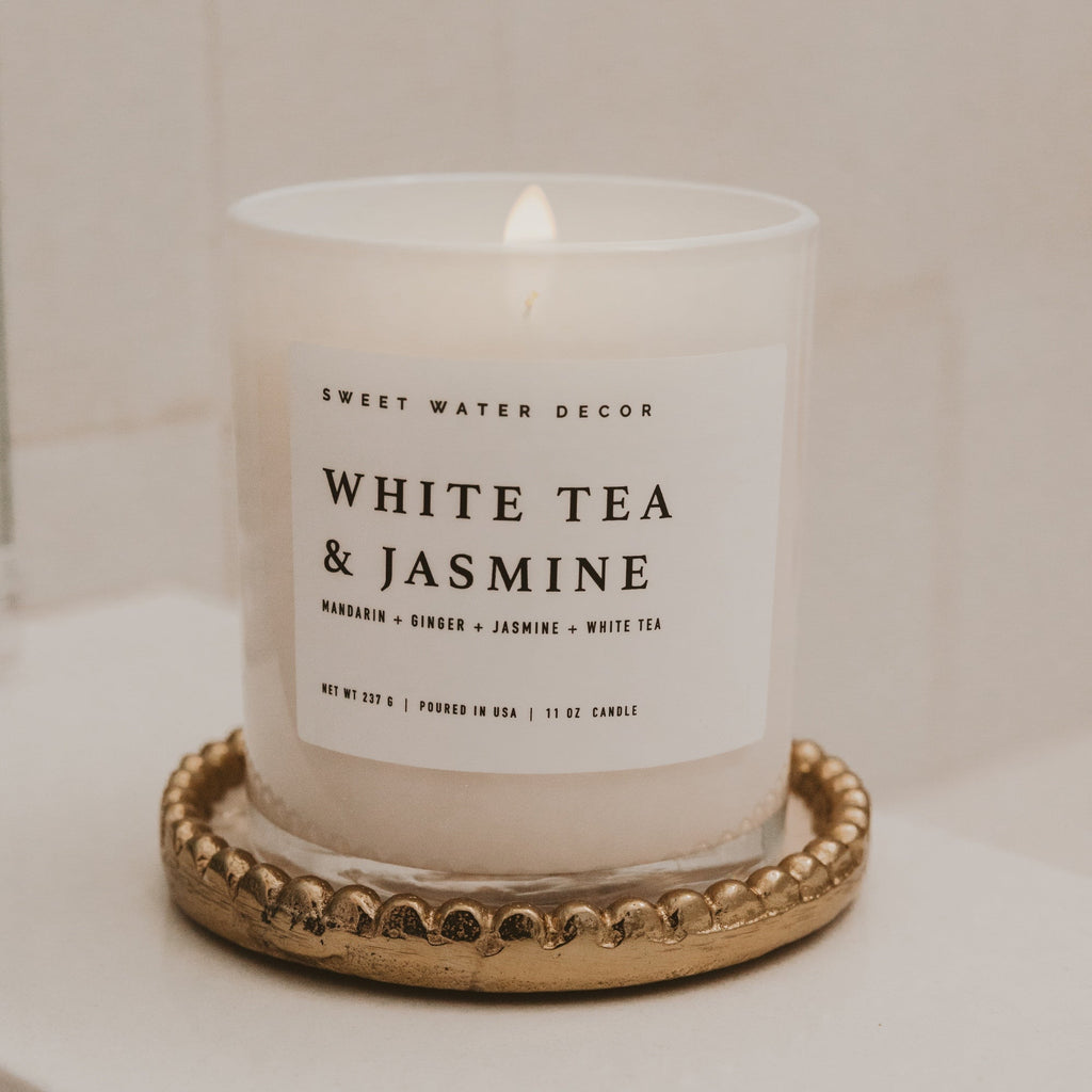 White Tea and Jasmine Soy Candle - White Jar - 11 oz