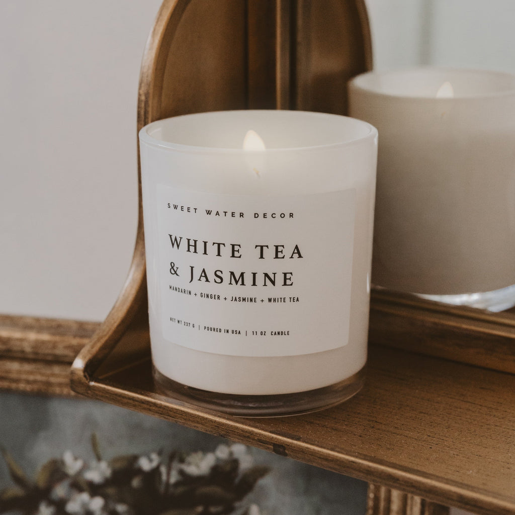 White Tea and Jasmine Soy Candle - White Jar - 11 oz
