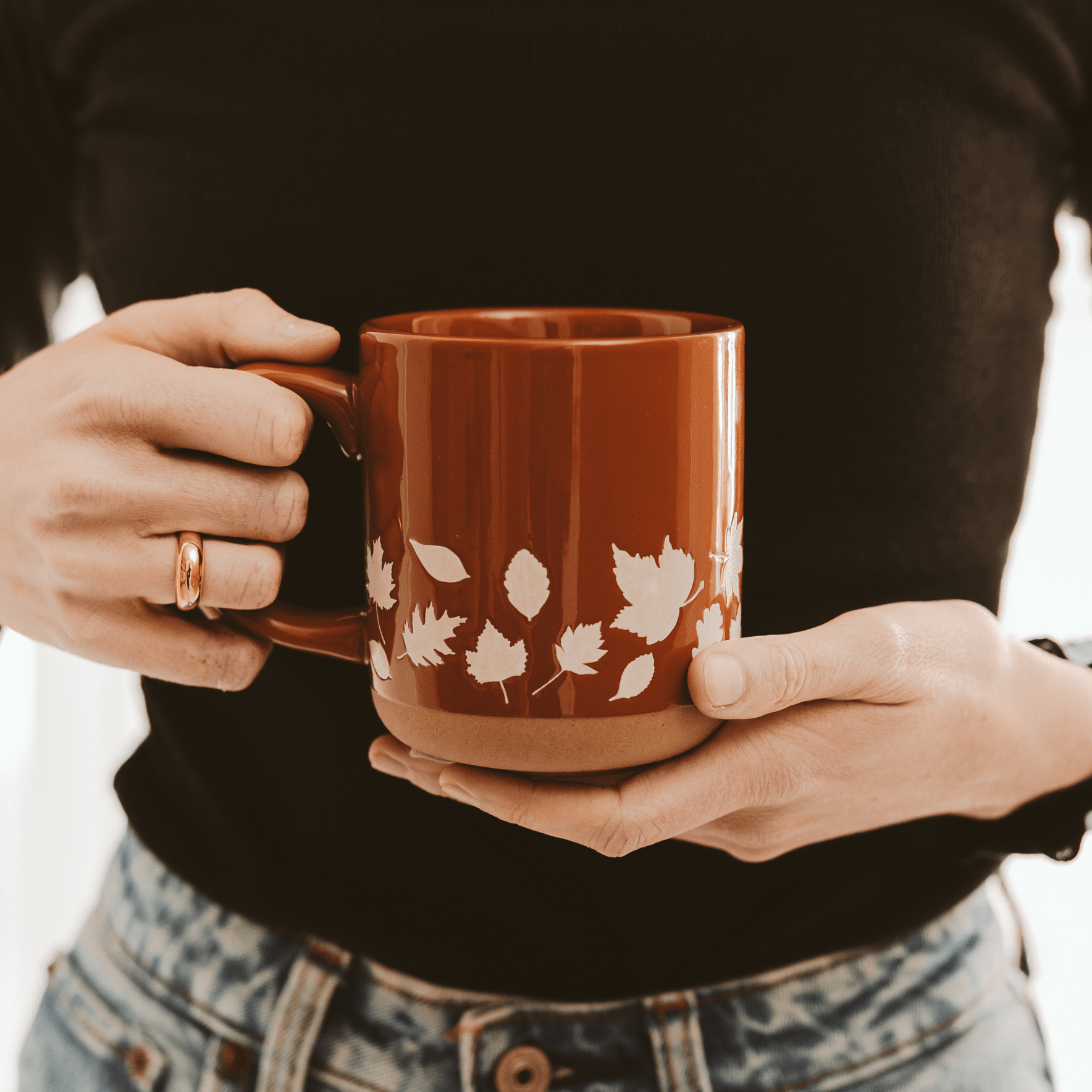 Fall Leaves 14 oz Orange Stoneware Coffee Mug