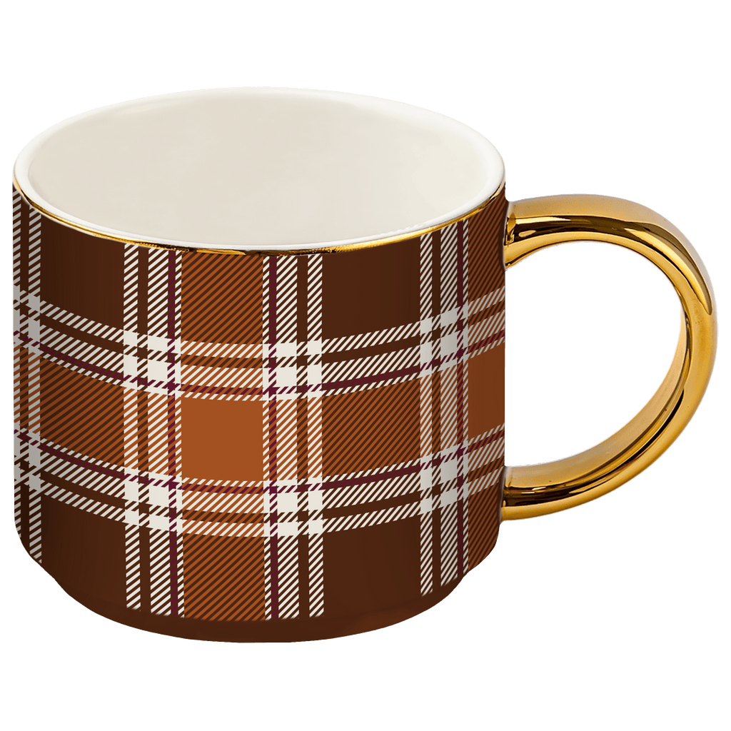 Brown Plaid 14 oz Gold Handle Coffee Mug