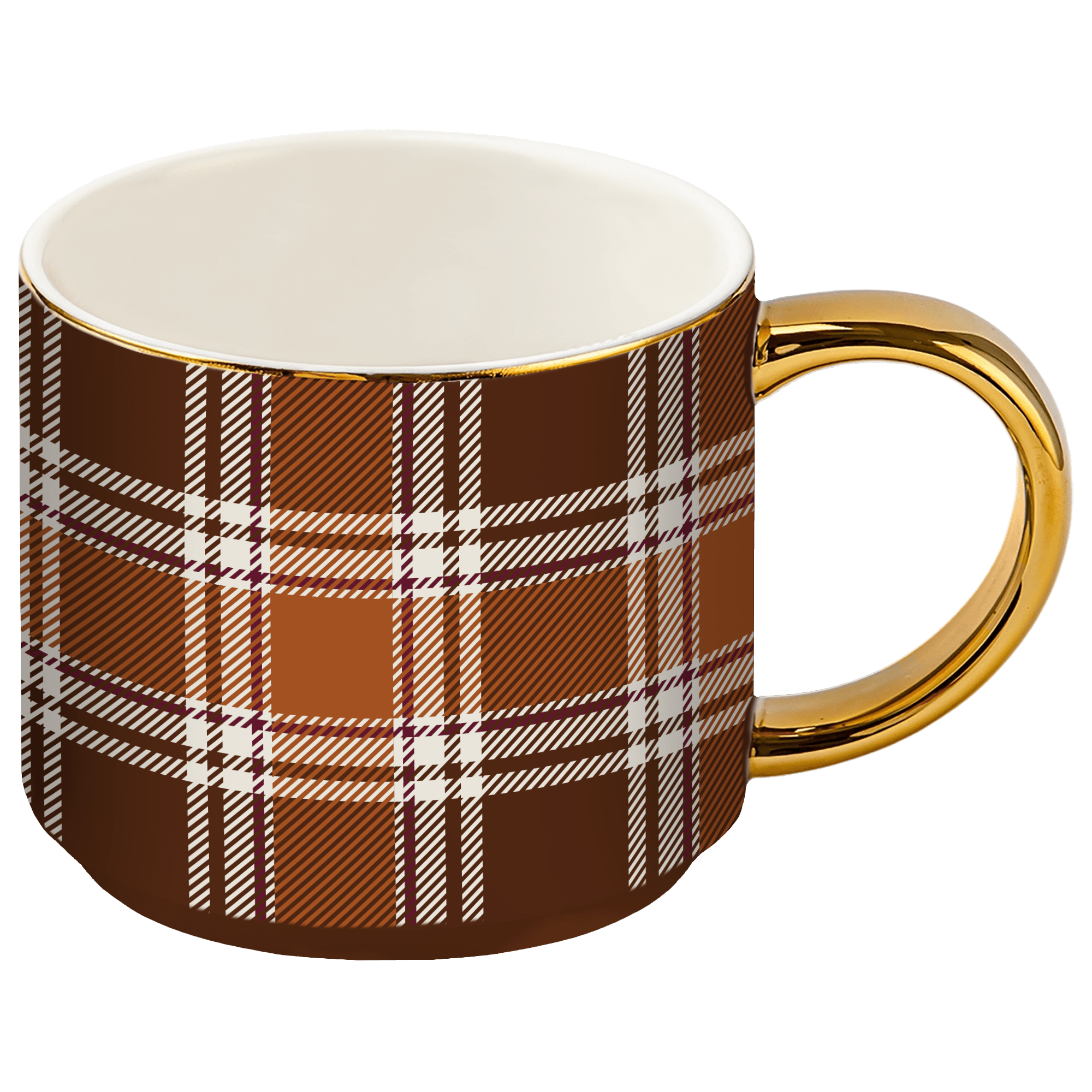 Brown Plaid 14 oz Gold Handle Coffee Mug