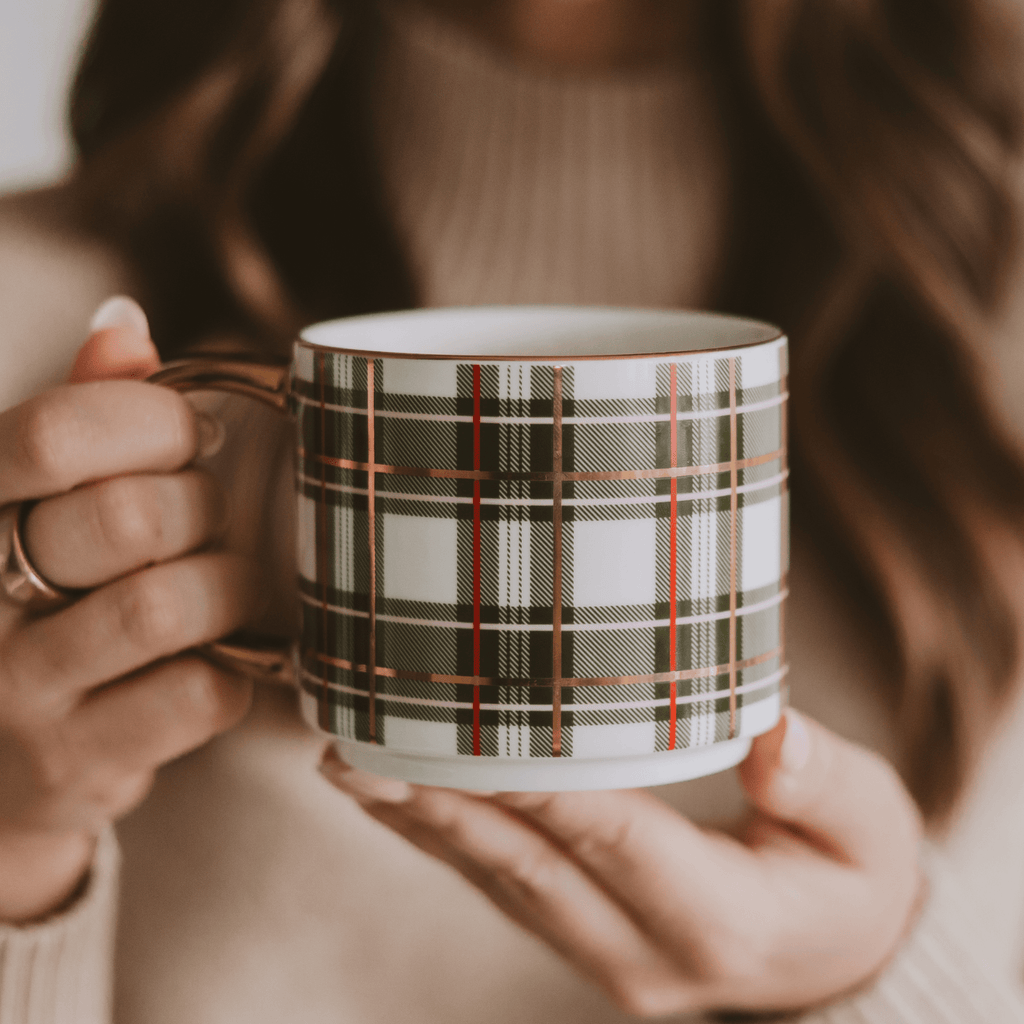 Green Plaid 14 oz Gold Handle Coffee Mug