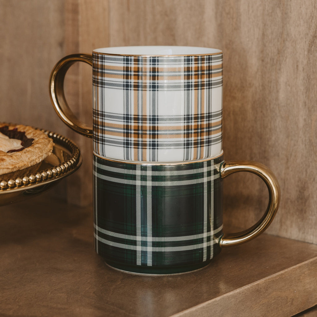 Navy Plaid 14 oz Gold Handle Coffee Mug