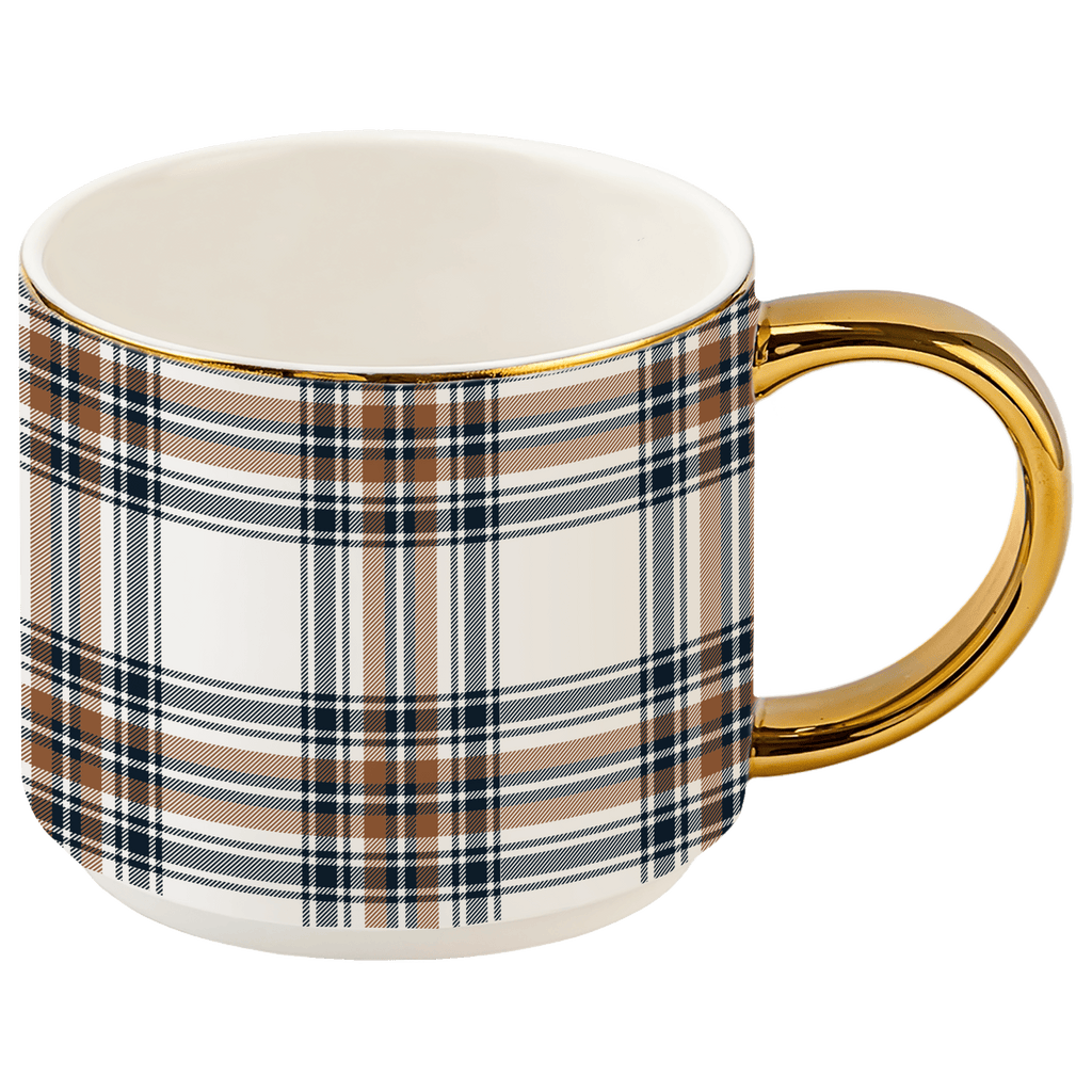 Orange Navy Plaid 14 oz Gold Handle Coffee Mug