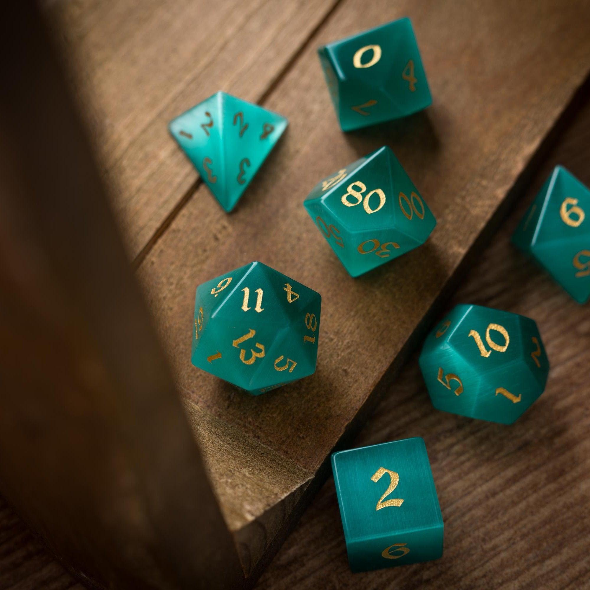 Gemstone Aquamarine Cats Eye Stone Hand Carved DND Dice Set