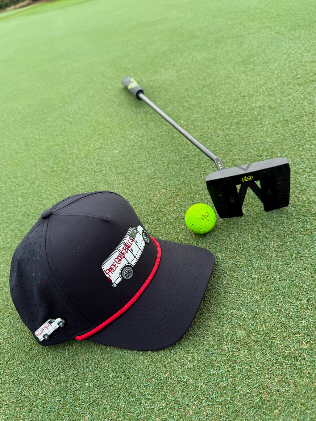 Free Golf Balls Van Golf Hat | Snapback Cap | Built-in Magnetic Ball Marker Holder + Marker Included | Free Golf Balls Van | Adjustable Black
