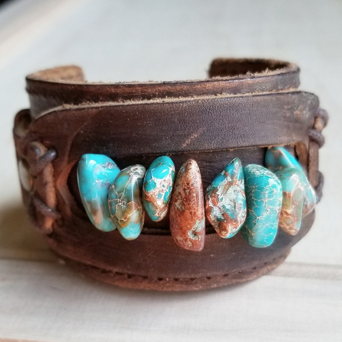 Dusty Leather Cuff with Turquoise Regalite Gemstone Chunks 006d