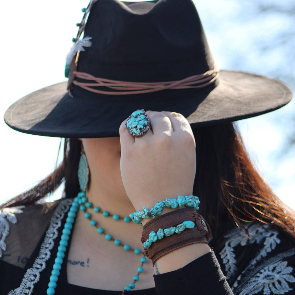**Genuine Leather Wide Cuff Bracelet w/ Natural Turquoise Chunks 006p