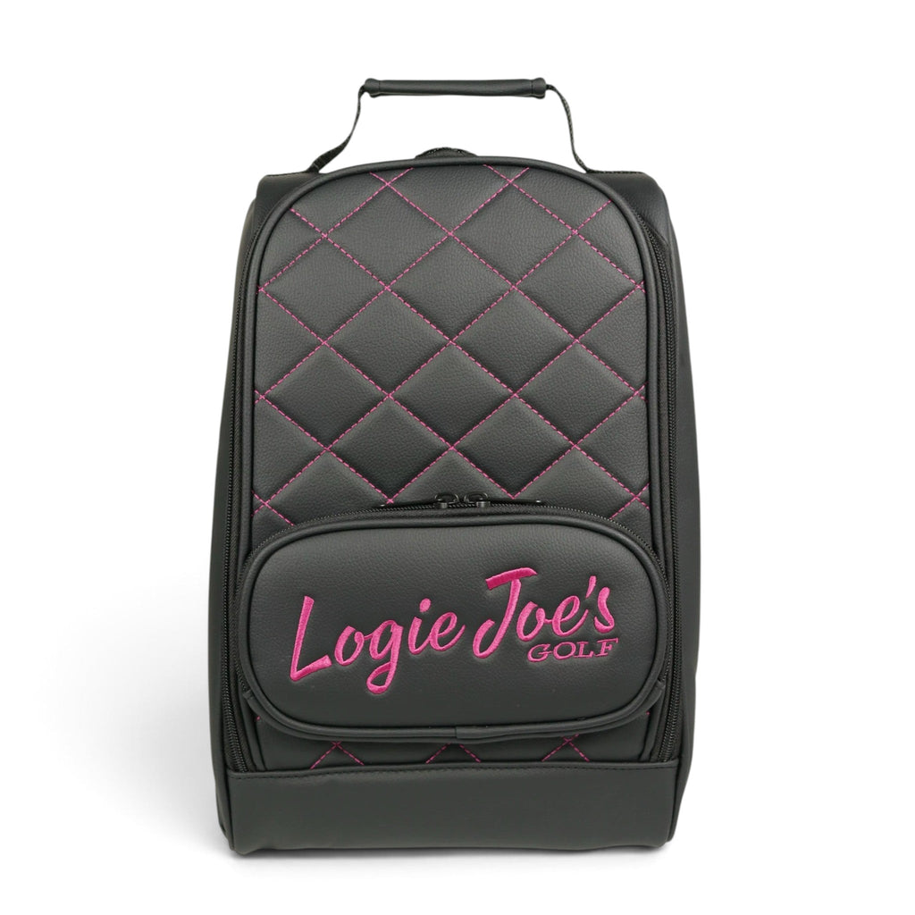 Golf Shoe Bag | Premium PU Leather Golf Shoe Organizer | Quilted Travel Shoe Case with Accessory Pocket, Carry Handle & Ventilation | Black/Pink