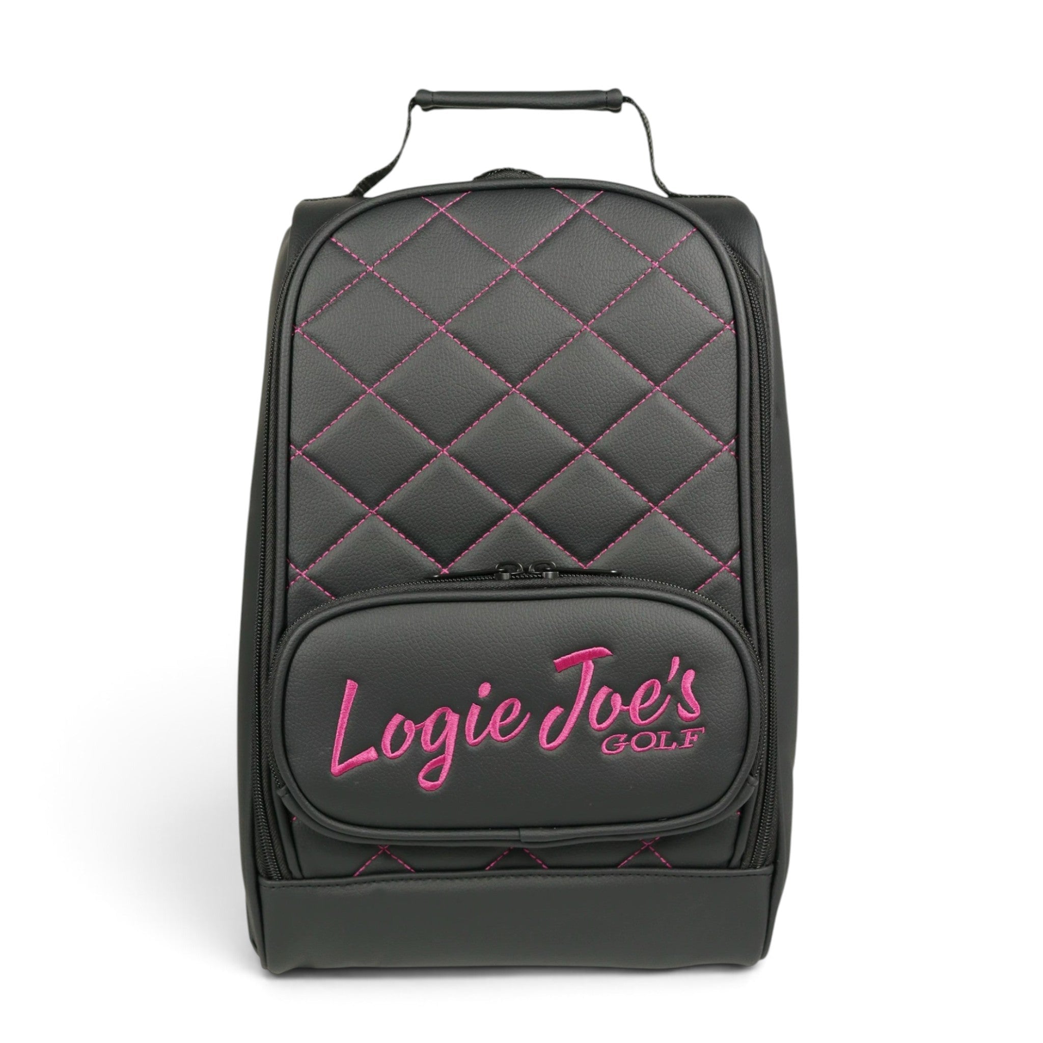 Golf Shoe Bag | Premium PU Leather Golf Shoe Organizer | Quilted Travel Shoe Case with Accessory Pocket, Carry Handle & Ventilation | Black/Pink