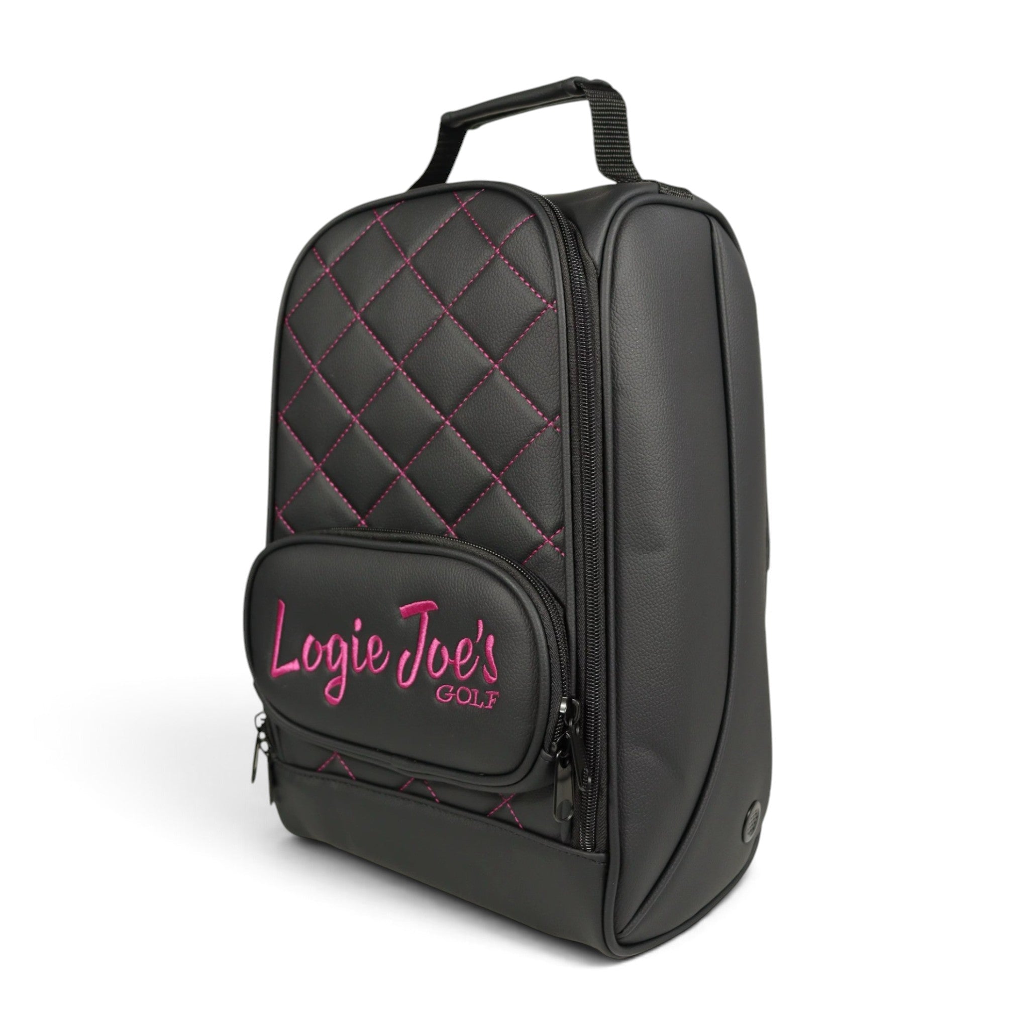 Golf Shoe Bag | Premium PU Leather Golf Shoe Organizer | Quilted Travel Shoe Case with Accessory Pocket, Carry Handle & Ventilation | Black/Pink