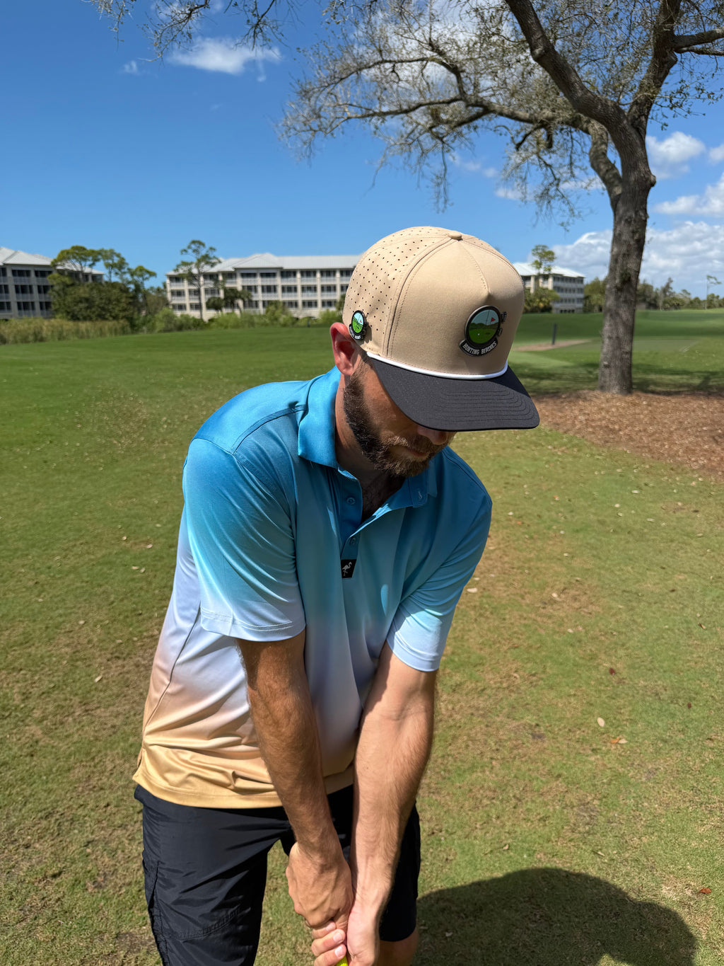 Hunting Birdies Golf Hat | Snapback Cap | Built-in Magnetic Ball Marker Holder + Marker Included | Adjustable Tan & Black