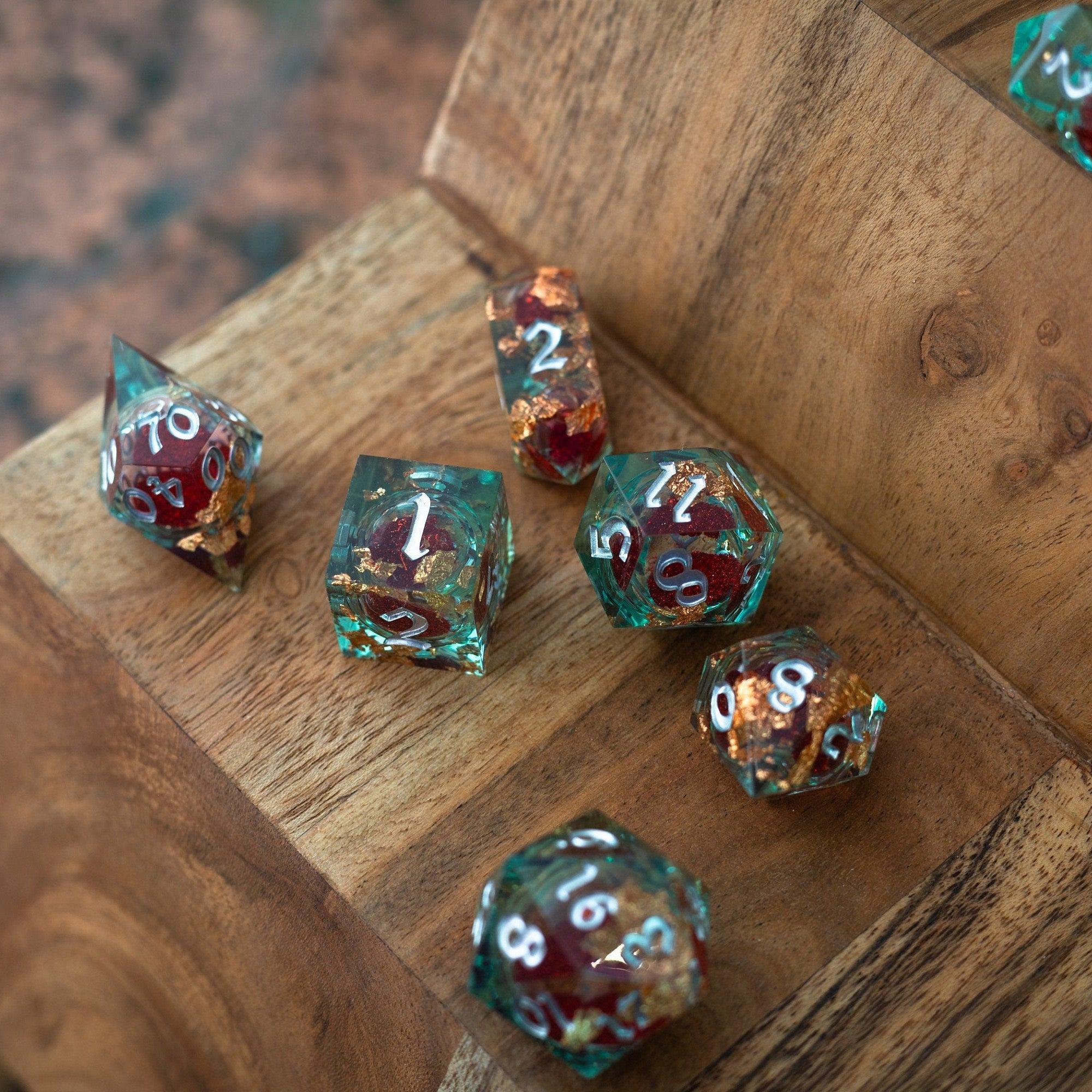 Red And Gold Glitter Liquid Core Handmade Resin DND Dice Set