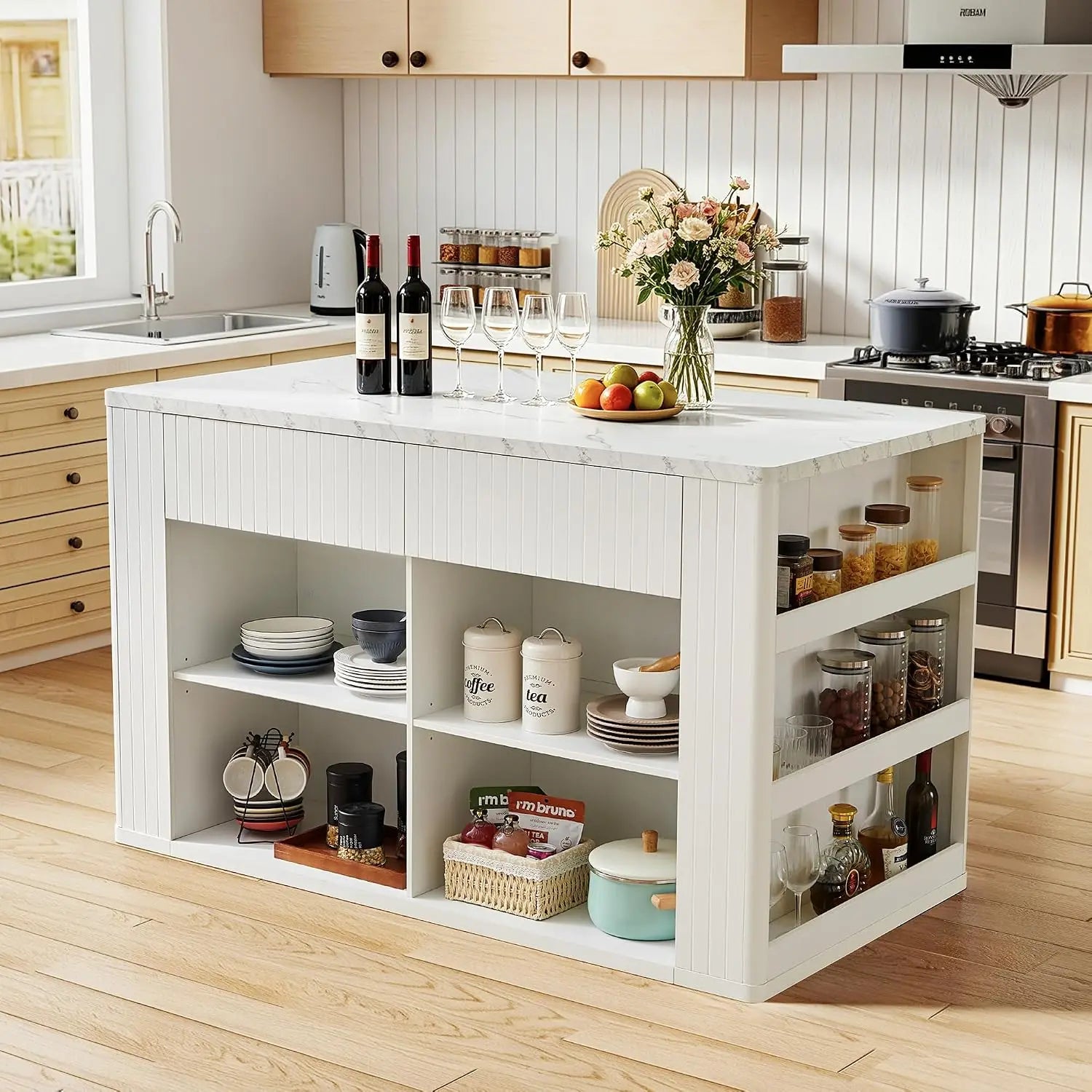 Modern Kitchen Island With Faux Marble Top And Two Drawers