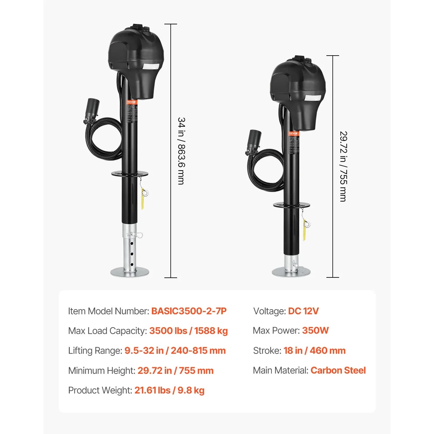 SucceBuy 12V Electric Trailer Jack 7 Pin Connector Crank Handle Lift 5000 Lb