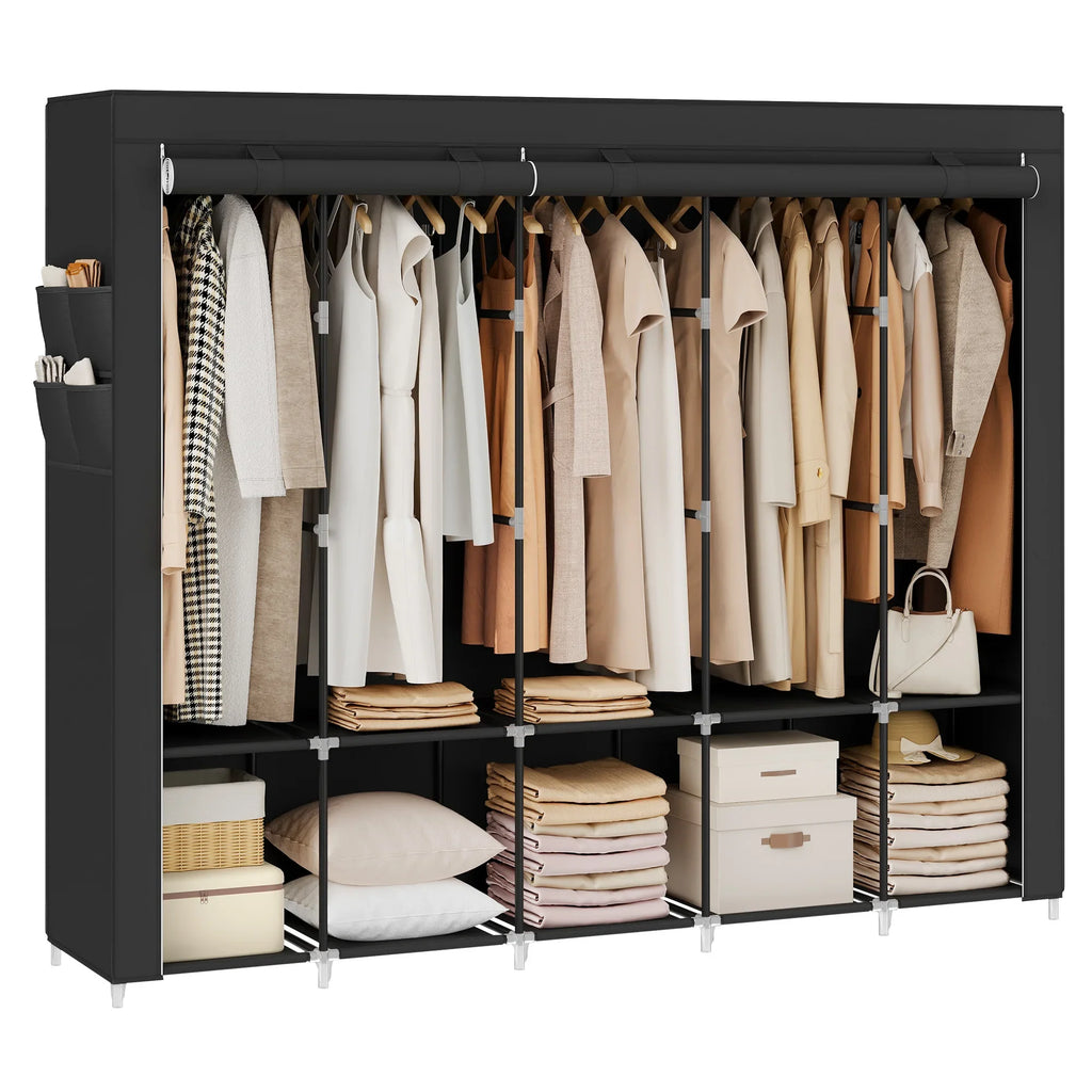 SONGMICS Portable Closet Organizer With Cover 5 Hanging Rods And Shelves