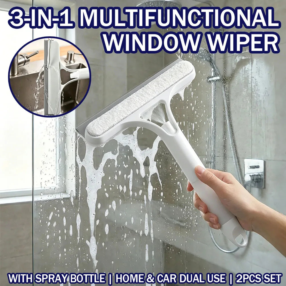 3-In-1 Multifunctional Window Squeegee Glass Wiper With Spray Bottle Scrubber