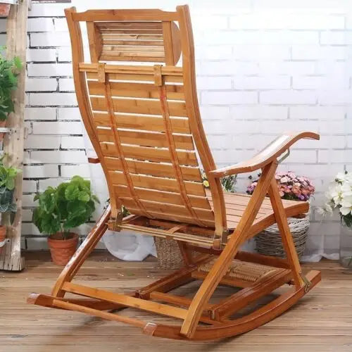 Heavy Duty Folding Rocking Chair Bamboo Indoor Outdoor Lounger