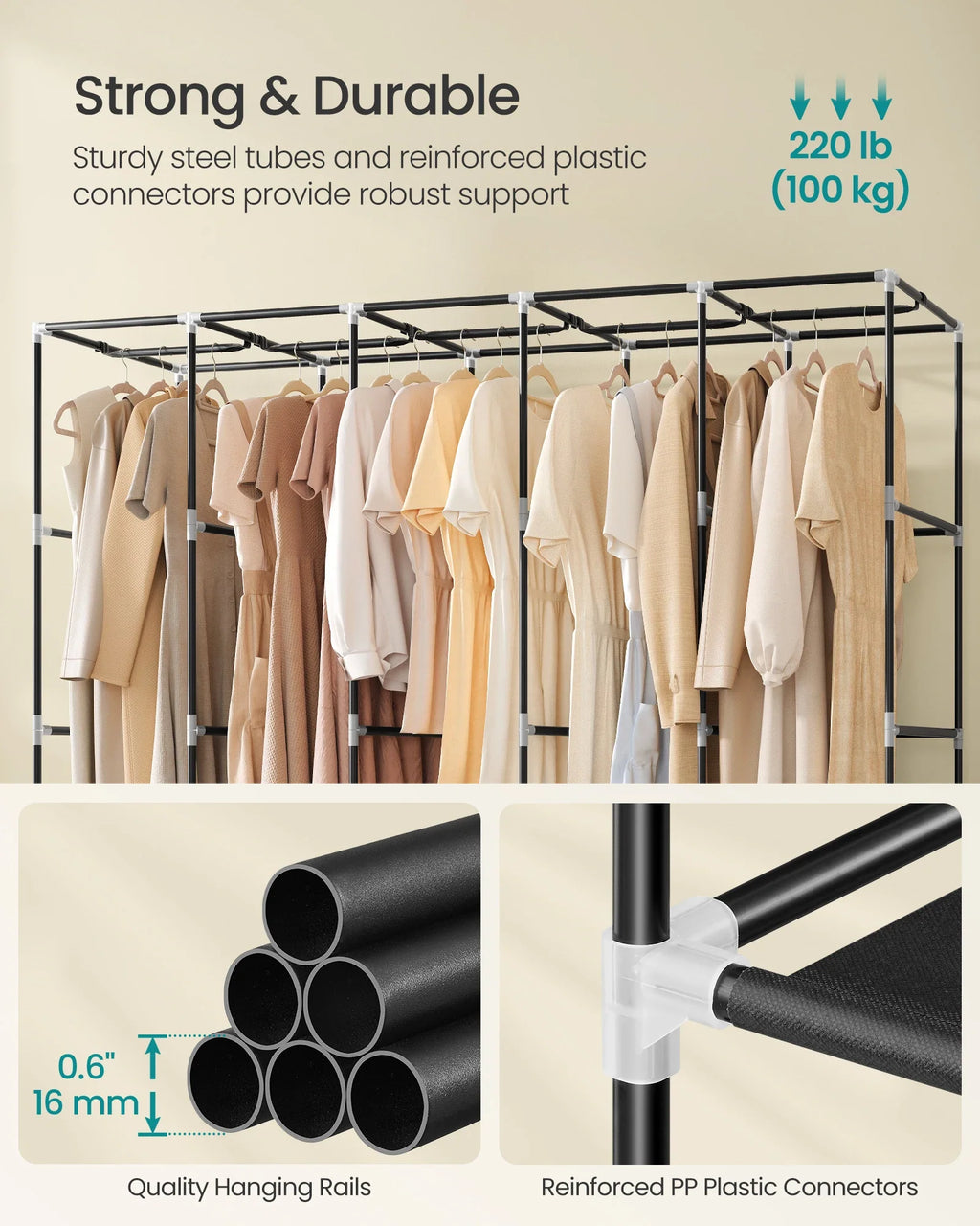 SONGMICS Portable Closet Organizer With Cover 5 Hanging Rods And Shelves