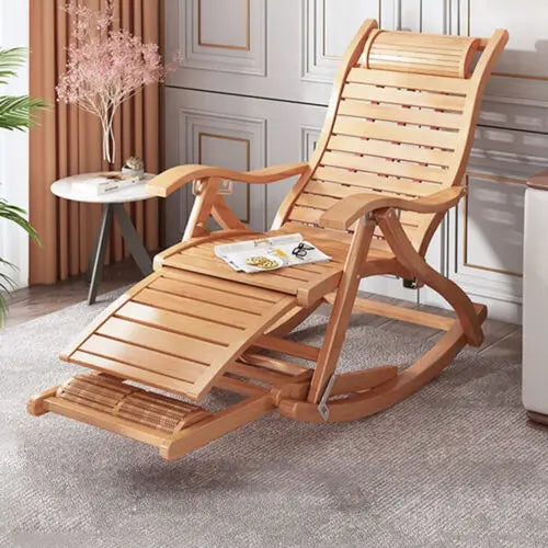 Heavy Duty Folding Rocking Chair Bamboo Indoor Outdoor Lounger