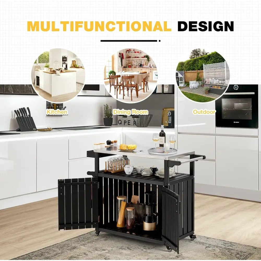 Rolling Kitchen Island With Stainless Steel Top And Storage