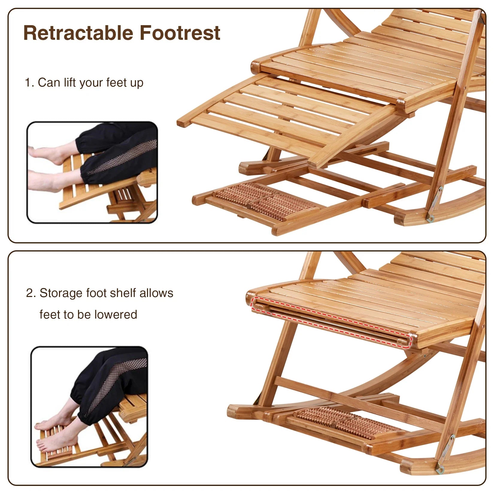 Heavy Duty Folding Rocking Chair Bamboo Indoor Outdoor Lounger