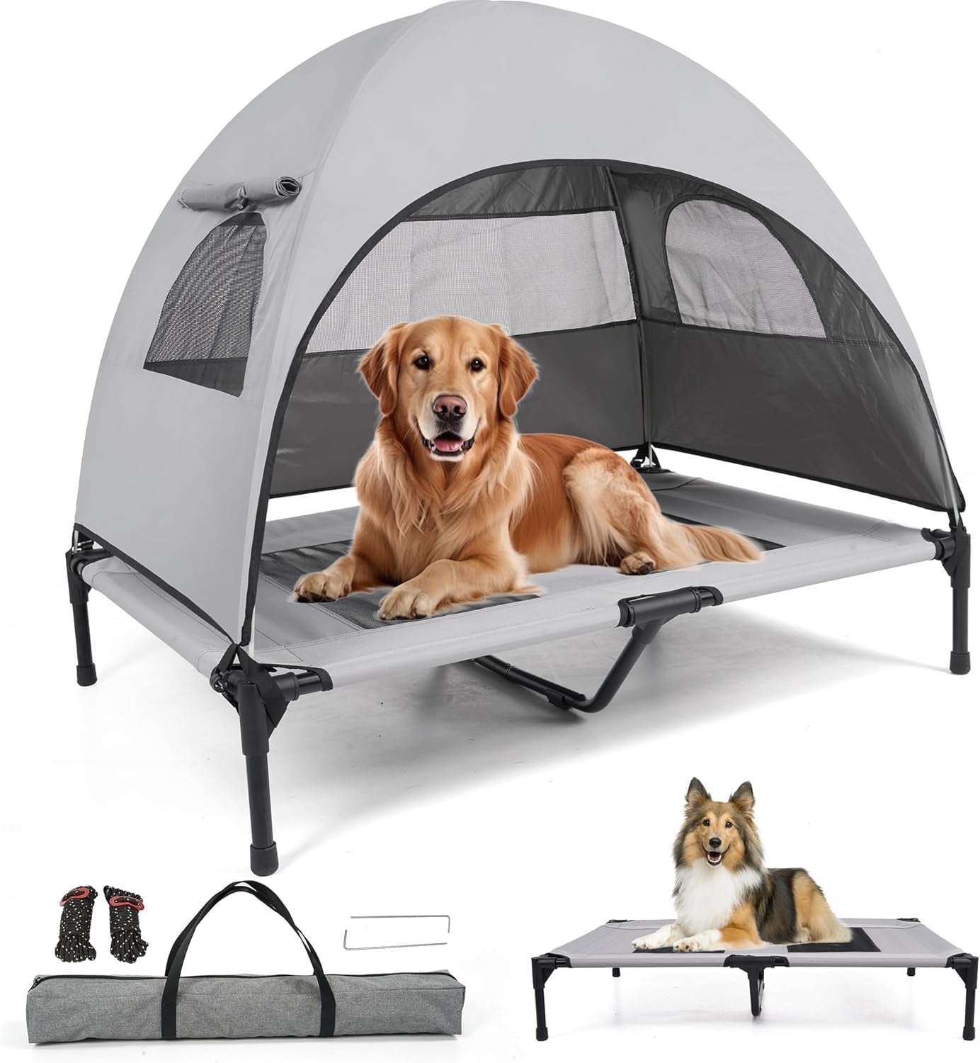 Elevated Outdoor Dog Bed with Canopy Cooling Pet Cot Camping Tent